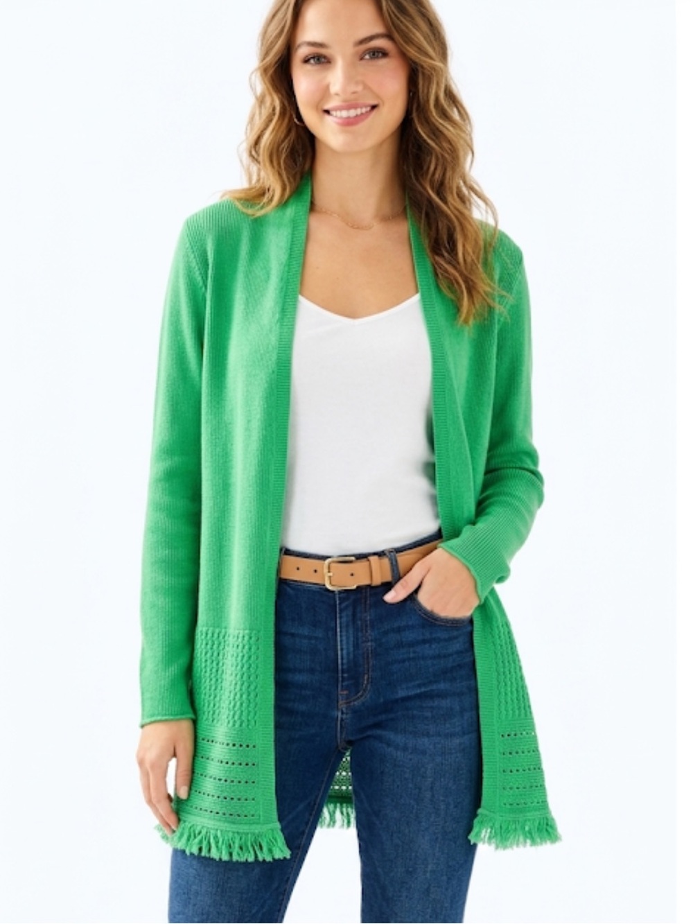 Lilly Pulitzer Noble Fringe Cabana Green Open Front Cardigan
